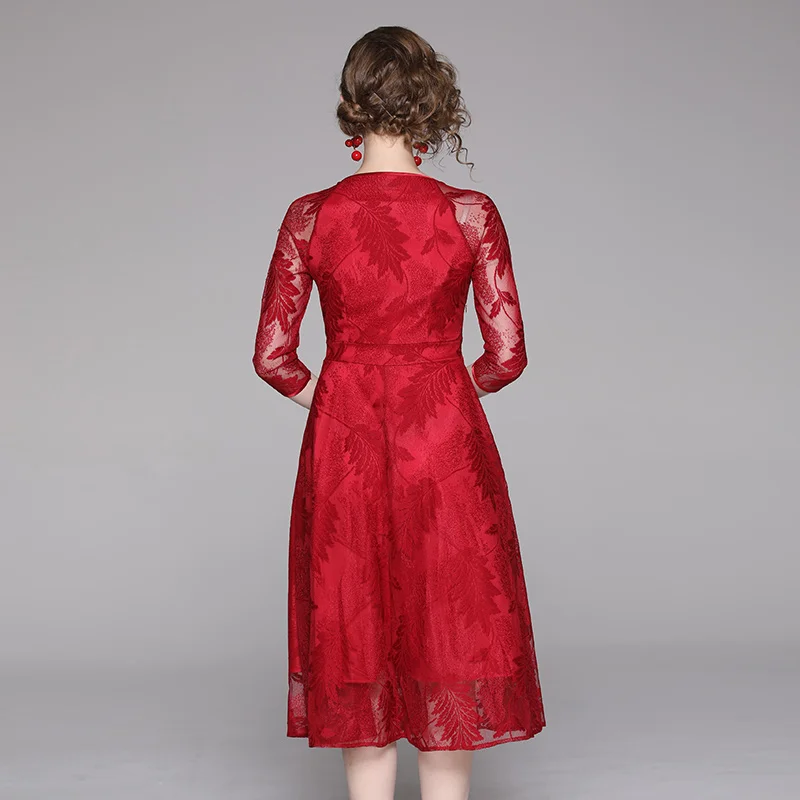 New Women Retro-elegant Red Lace Dress Vestidos Casual Mujer Vintage Party Dress Abito Lungo Cerimonia Donna K6672