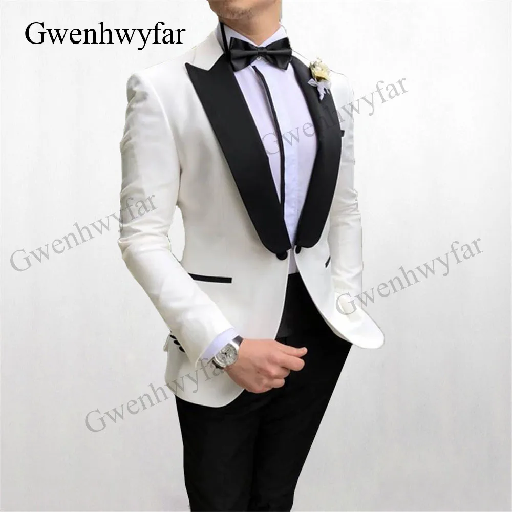 Gwenhwyfar 2020 Ivory Blazer Black Pants Sets For Male Custom Buttoned Design Groom Men Suits Wedding Party Best Wear Tuxedos | Мужская