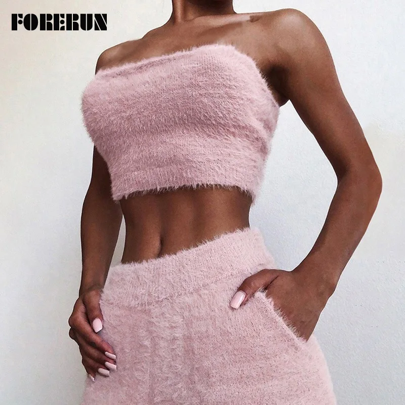 

FORERUN Plush Two Piece Set Shorts and Sexy Crop Top Club Outfits Pink Black Thick High Quality Autumn Winter Matching Sets