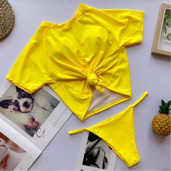 

Summer Bikini Set With Padding Bra Beach Wear Sexy Wire Free Short Sleeve Front Knot Casual Swimsuit High Neck T Shirt Loose