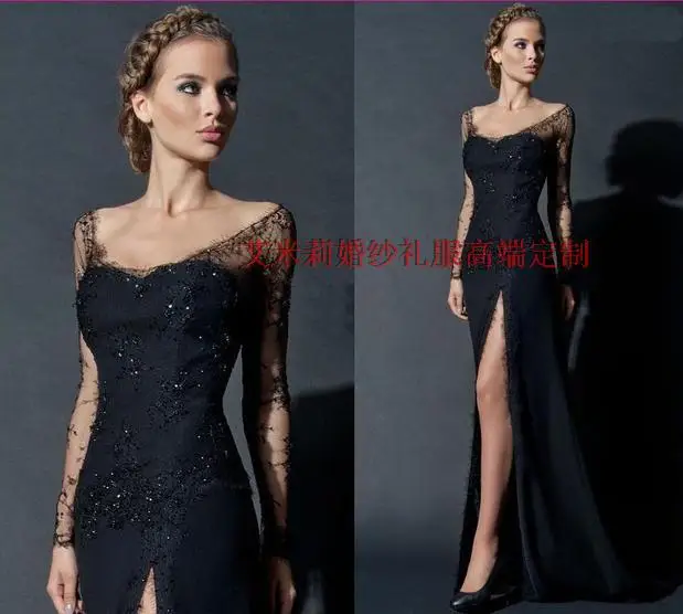

long sleeve fashion prom beading Formal gowns vestido de festa new hot sexy cap sleeve black lace mother of the bride dresses