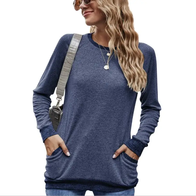 

2020 Fall/Winter Fashion Women's Color Contrast Pocket Sweater Long Sleeve Pullover Sweatshirt Casual T-shirt