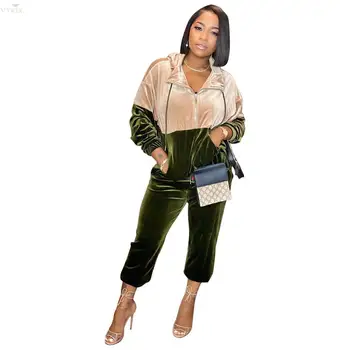 

New Spring Velvet Patchwork Womens Tracksuit Set Casual Lady Two Piece Set Suit Casual Hooded Bodycon 2 Piece Set Women Vestidos