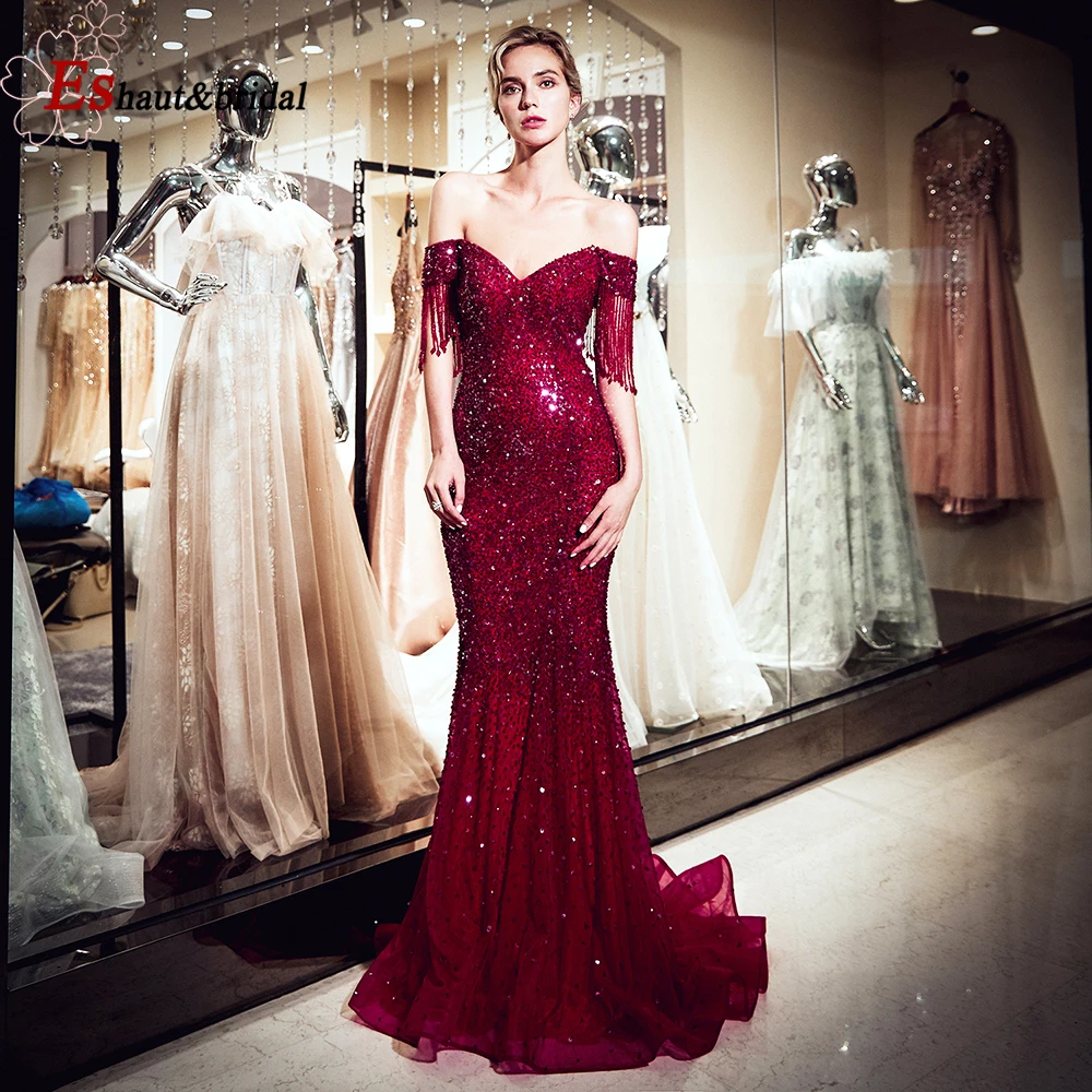 Новая коллекция вечерние платья с бусинами 2020 блестящие бордовые стразы