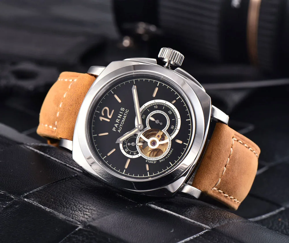 

Parnis 44mm Silver Case Men Automatic Skeleton Watch Luminous Men's Mechanical Watches Leather Strap montre homme 2019 Man Clock