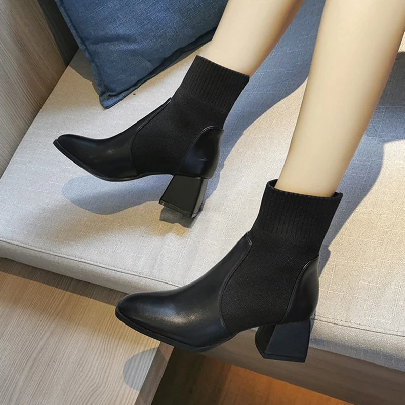

Lucyever Women's Fashion High Heels Ankle Boots PU Leather Patchwork Elastic Women Boots Elegant Office Party Shoes Woman Boots