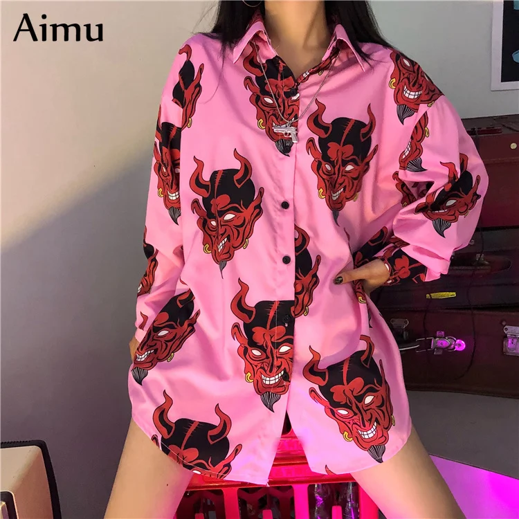 Harajuku рубашка blusas Женская ulzzang с длинным рукавом женская блузка srping Осень Свободный дьявол в готическом стиле с принтом Блузки корейские женские топы