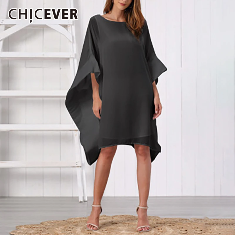 

CHICEVER Korean Chiffon Cloak Dress Female O Neck Batwing Sleeve Plus Size Loose Casual Patchwork Dresses Women 2019 Fashion New
