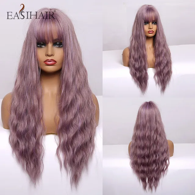 EASIHAIR Long Dark Brown Women's Wigs with Bangs Water Wave Heat Resistant Synthetic Wigs for Black Women African American Hair LC205-4