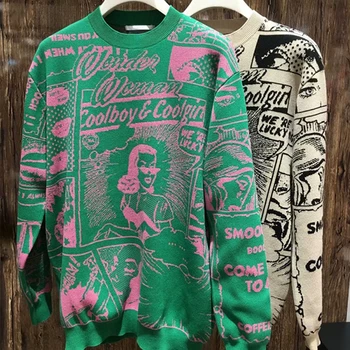 

Knitted Sweater Women Cartoon Graffiti Sweater Fashion O-Neck Long Sleeve Casual Pullovers Winter Loose Warm Ladies Knitwear