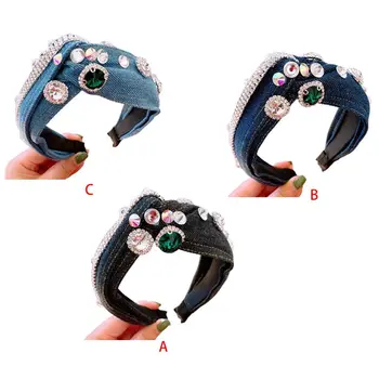 

Vintage Wild Women Head Hoop Rhinestone Chain Denim Wide Edge Cross Headband 449F