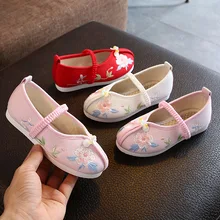 Chinese Style shoes cotton flowers Embroidered girls Princess Shoes kids soft-soled Flat Shoes chaussure fille red pink white