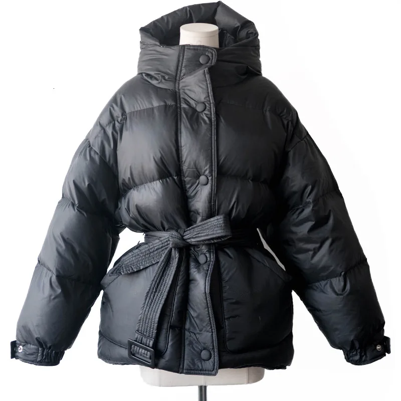 Черный женский модный пуховик зимняя куртка простой дизайн манжеты ветрозащитные теплые женские пальто высокого качества с поясом YRF75