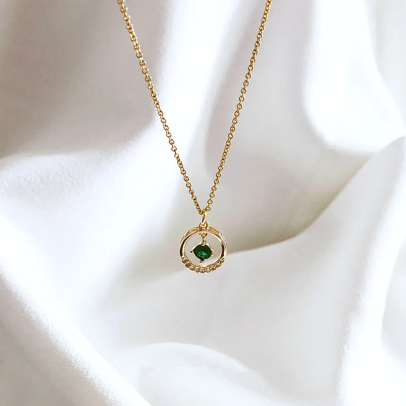 925 Sterling Silver Emerald Crystal Geometric Circle Pendant Clavicle Chain Necklace Women 14k Gold Plating Simple Party Jewelry - Image 6