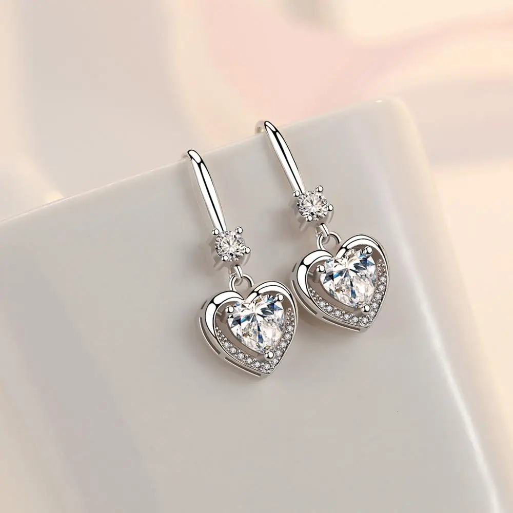 

Boho Female Crystal White Heart Drop Earrings Fashion 925 Silver Zircon Stone Earrings Small Hanging Dangle Earrings For Women