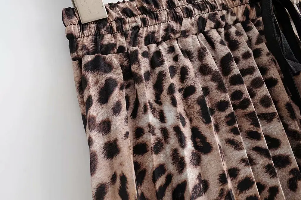 New Women Vintage leopard printing pleated midi skirt faldas mujer ladies elastic waist sashes chic mid-calf skirts