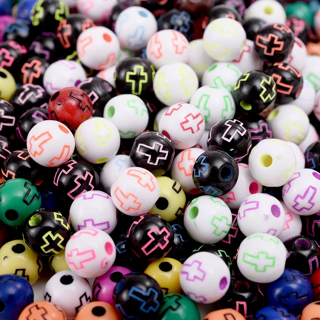 100-300pcs Acrylic Round Cross Beads Mix Color Loose Spacer Jewelry Beads  for Making Bracelet Necklace