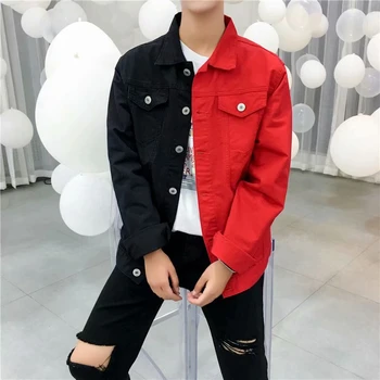

Casual Slim Denim Jacket For Men 2019 Black Red Jeans Jacket Homme Letters Embroided Streetwear Denim Coat Male Bomber Jacket