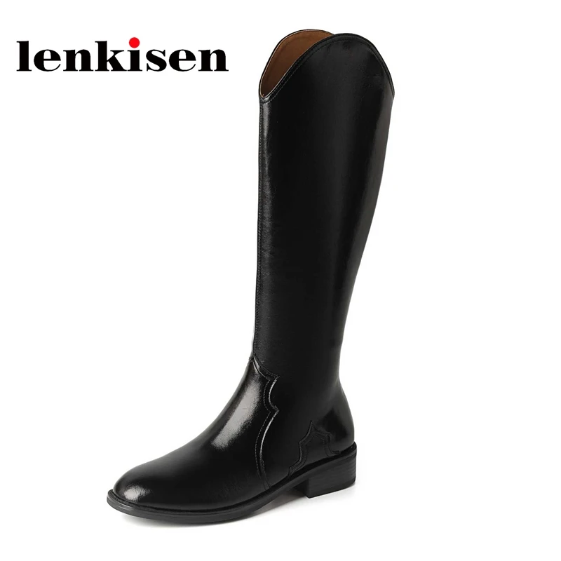 

Lenkisen large size cow split leather round toe med heel western boots concise retro fashion young lady thigh high boots L0f5