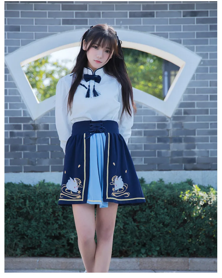 Китайский стиль, винтажный Топ в стиле Лолиты с рукавами-фонариками+ кардиган с высокой талией и вышивкой, юбка в стиле Лолиты, милый комплект для девочек