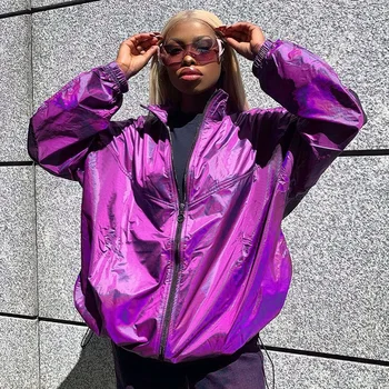 

WOMEN Jacket novelty dream purple windbreaker jacket Bf casual loose colorful stitching reflective drawstring jacket purple