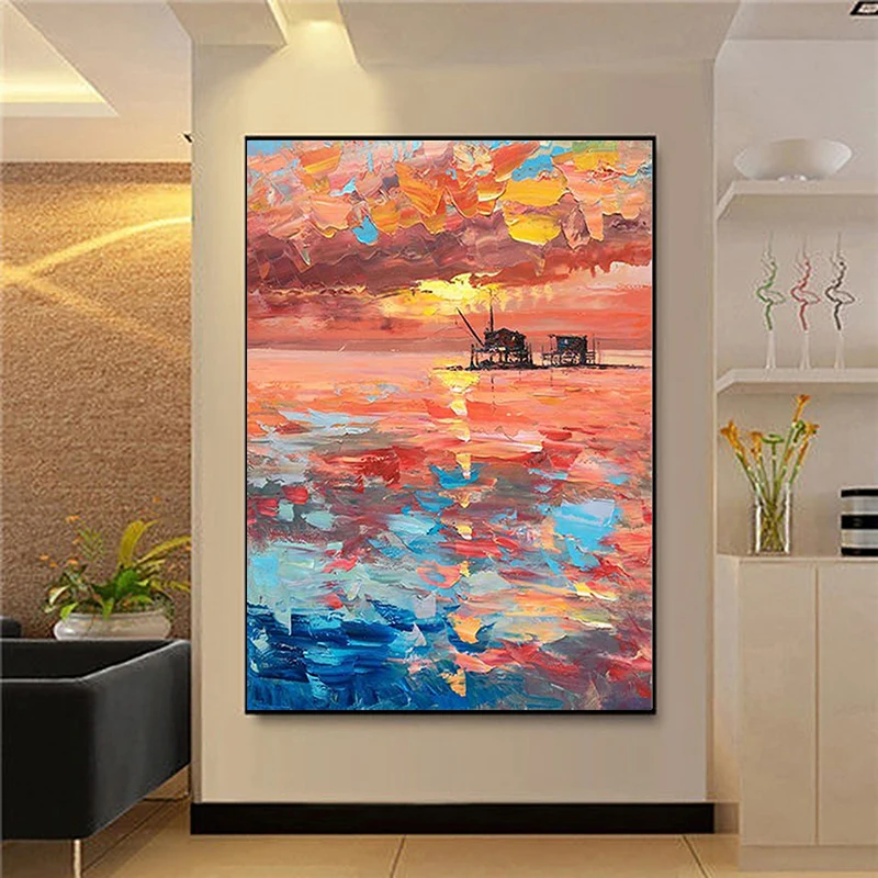 

Oil Painting Hanging Painting Abstract Landscape Painting Hand-Painted Sunrise Painting Modern Living Room Decoration Sea Decor