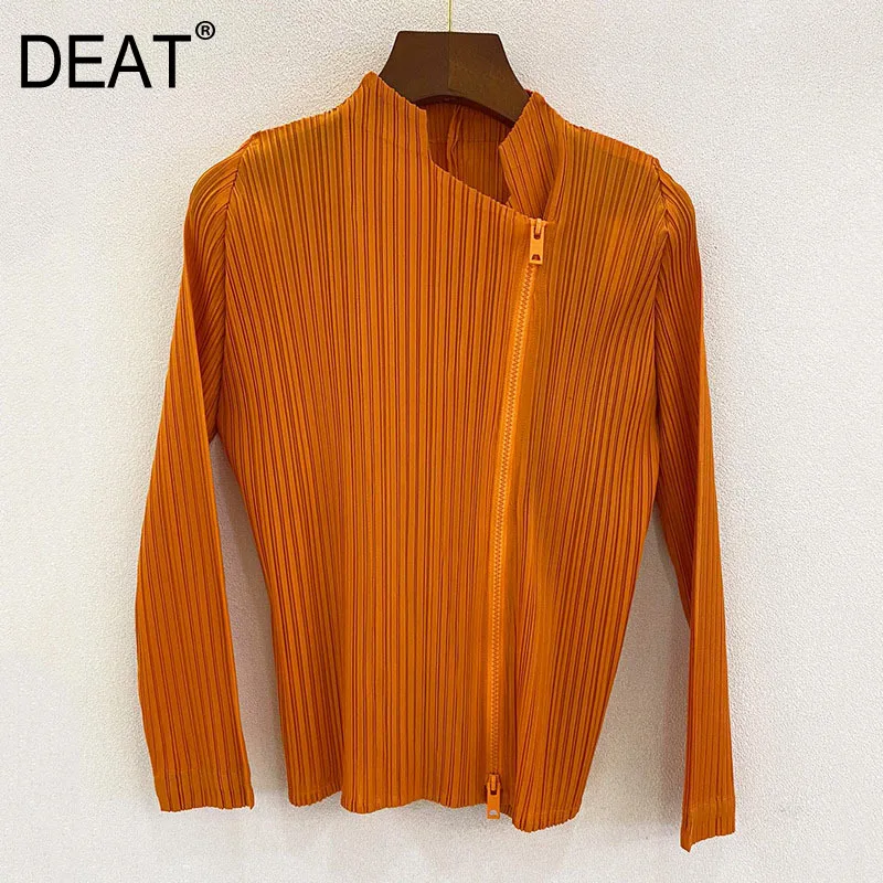 DEAT Pleated Jackets Woman Irregular Stand Collar Long Sleeve Loose Orange Solid Causal Style 2022 New Spring Fashion 15HT187 | Женская