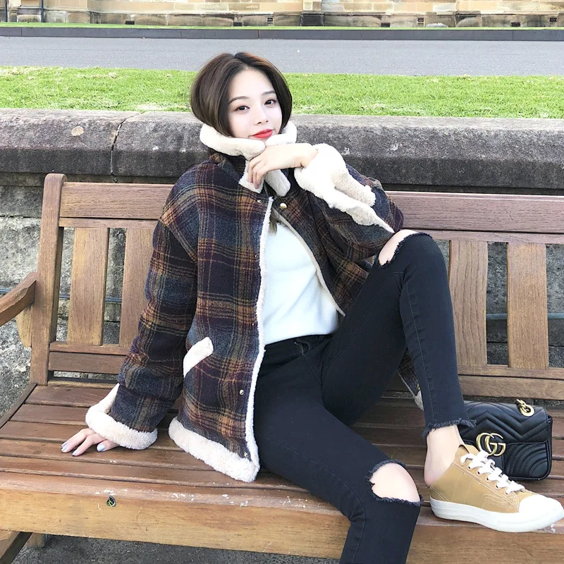 

ACZ Retro CHIC plus Velvet Woolen Plaid Lambs Wool Cotton-padded Clothes 19 Autumn And Winter Korean-style Women's Thick Short C