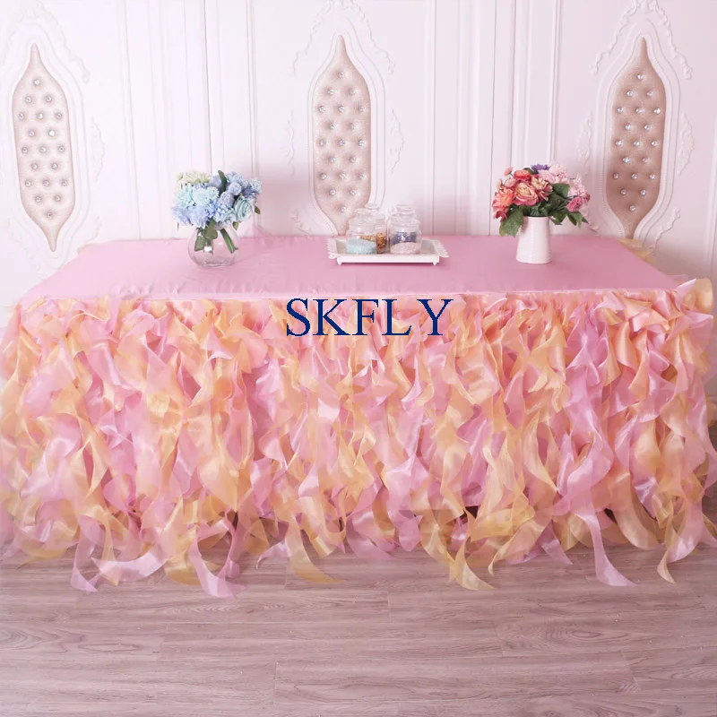 SK010D gorgeous new color made wedding dark green organza curly willow table skirt with velcro