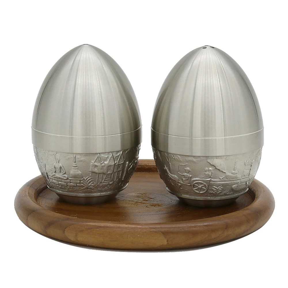 

Oriental Pewter- Pewter Condiments Set -Salt & Pepper Caddy Set, Set of 3, Egg-Shaped, Pure Tin 97% Lead-Free Made in Thailand