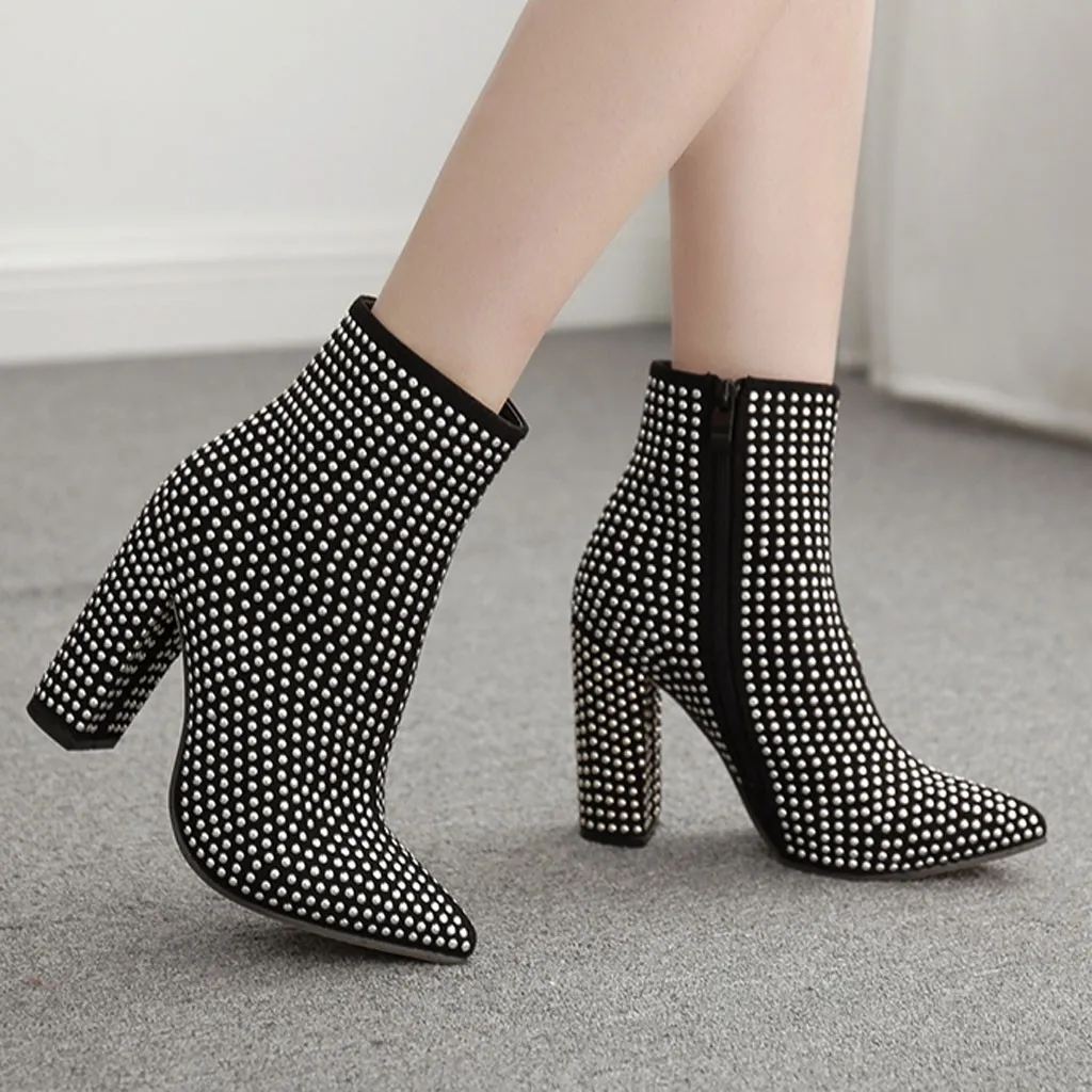 

women boots Pointed botas mujer women shoes high heel Party Rivet ankle boots for women zapatos de mujer Zipper ladies shoes