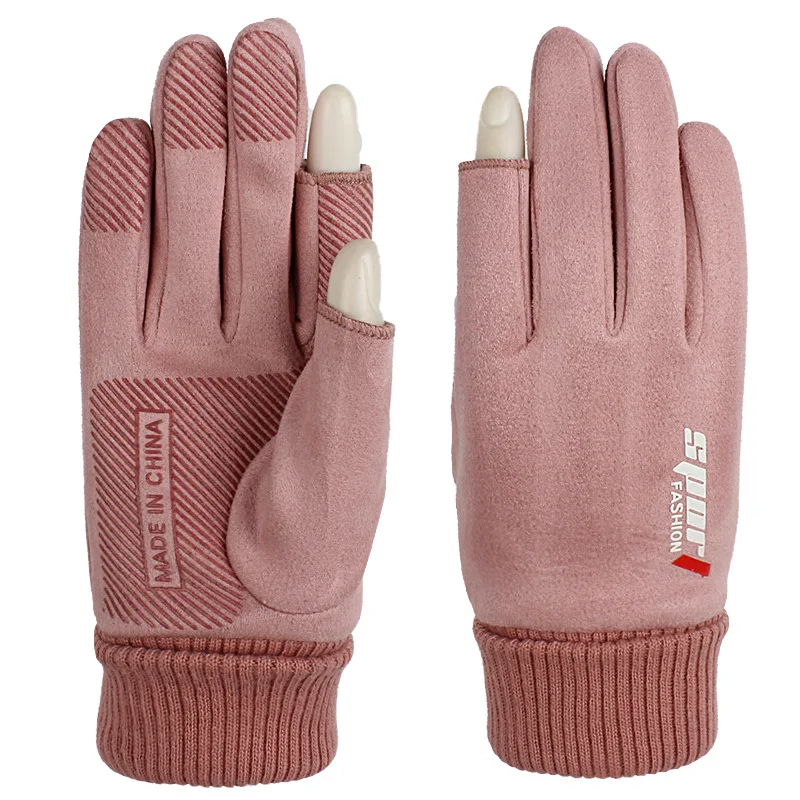 

Leaky Two-Finger Gloves Women Autumn and Winter Plus Velvet Warmth Suede Riding Mountaineering Windproof Non-Slip Sports Gloves