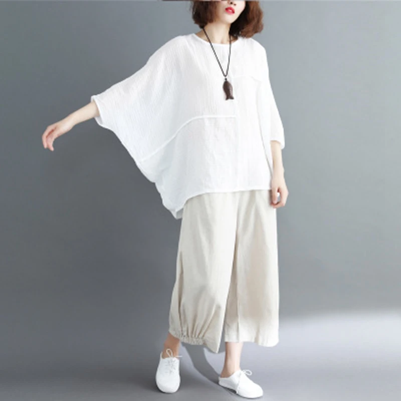 

Summer large size 8XL 9XL 10XL stitching solid color cotton and linen bat sleeves loose casual shirt female t-shirt bust 185CM