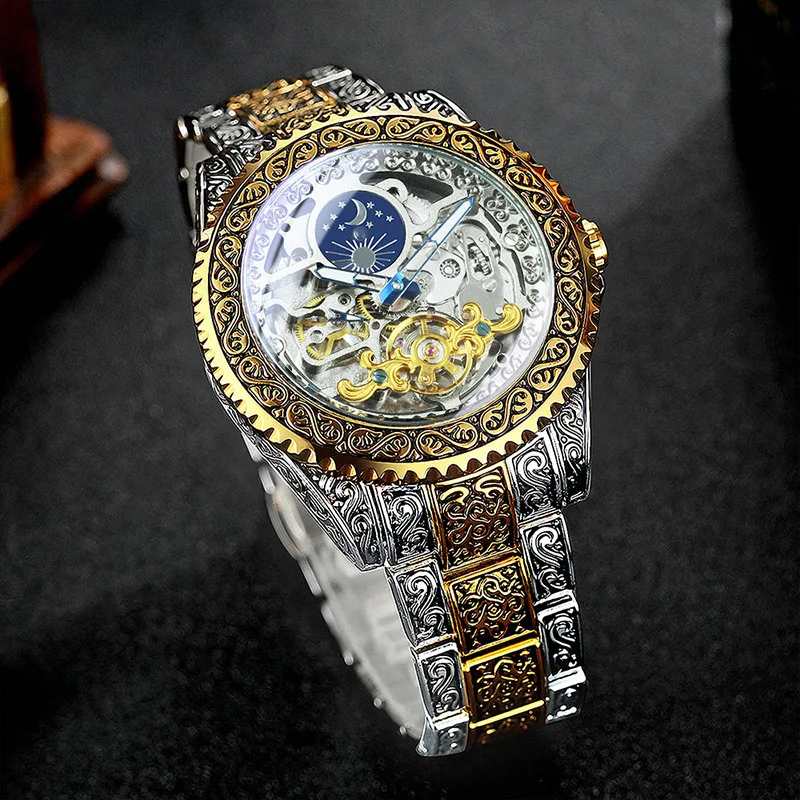 Top Brand Watch Men's Mechanical Hollow Tourbillon Luxury Engraving Retro Moon Phase Steel Strap Montre Homme 2020 | Наручные часы