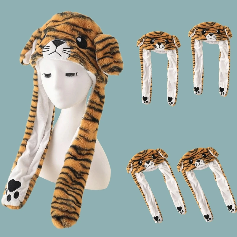 Fuzzy Caps Tiger Head-Shaped with Stripes and Moving Ears Achieved by Pinching Paws Caps for Warm Keeping ski beanie