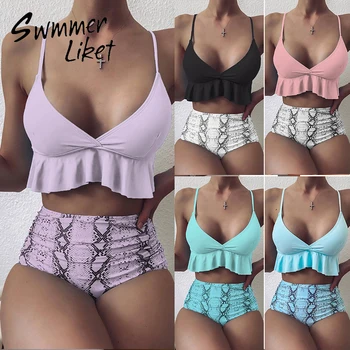 

Ruffled bikini 2020 Bandeau swimsuit women Snakeskin swimwear female High waist bathing suit String beach wear Sexy biquini new