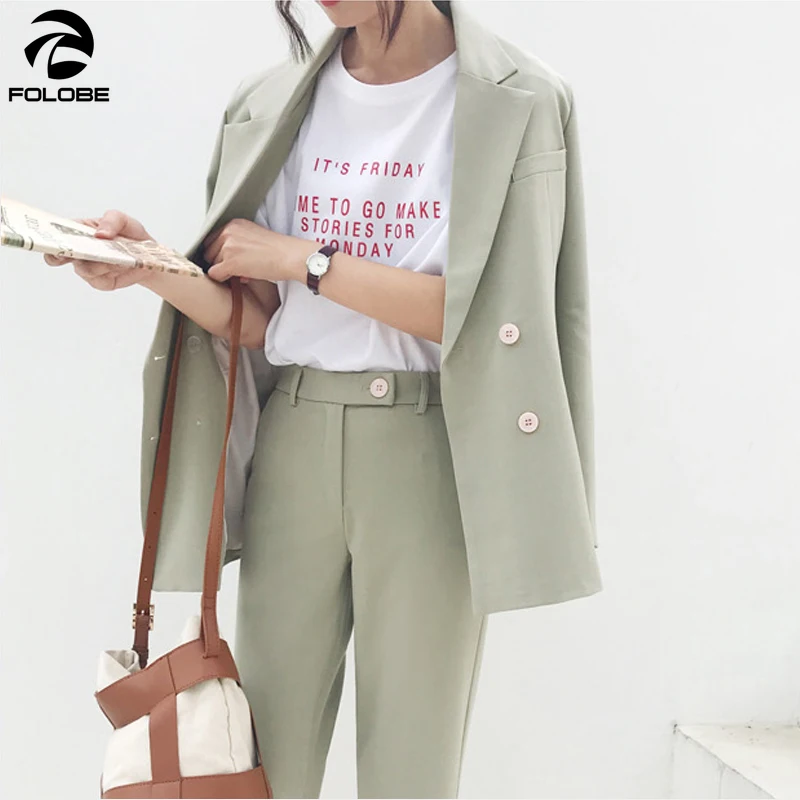 

FOLOBE 2019 Autumn Double Breasted Women Pant Suit Light Green Notched Blazer Jacket & High Waist Pant Office Wear Women Suits