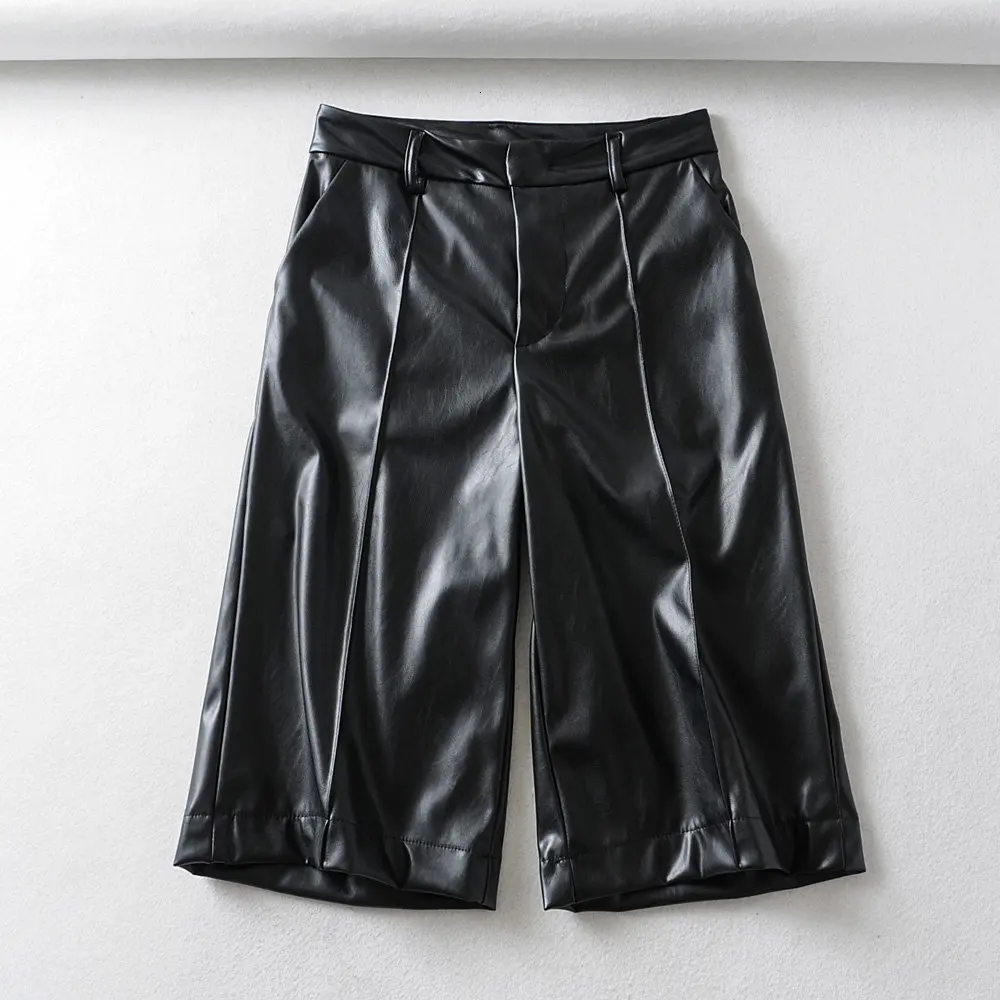 Черные брюки из искусственной кожи с низкой талией до колена, прямые брюки, модные широкие брюки для улицы