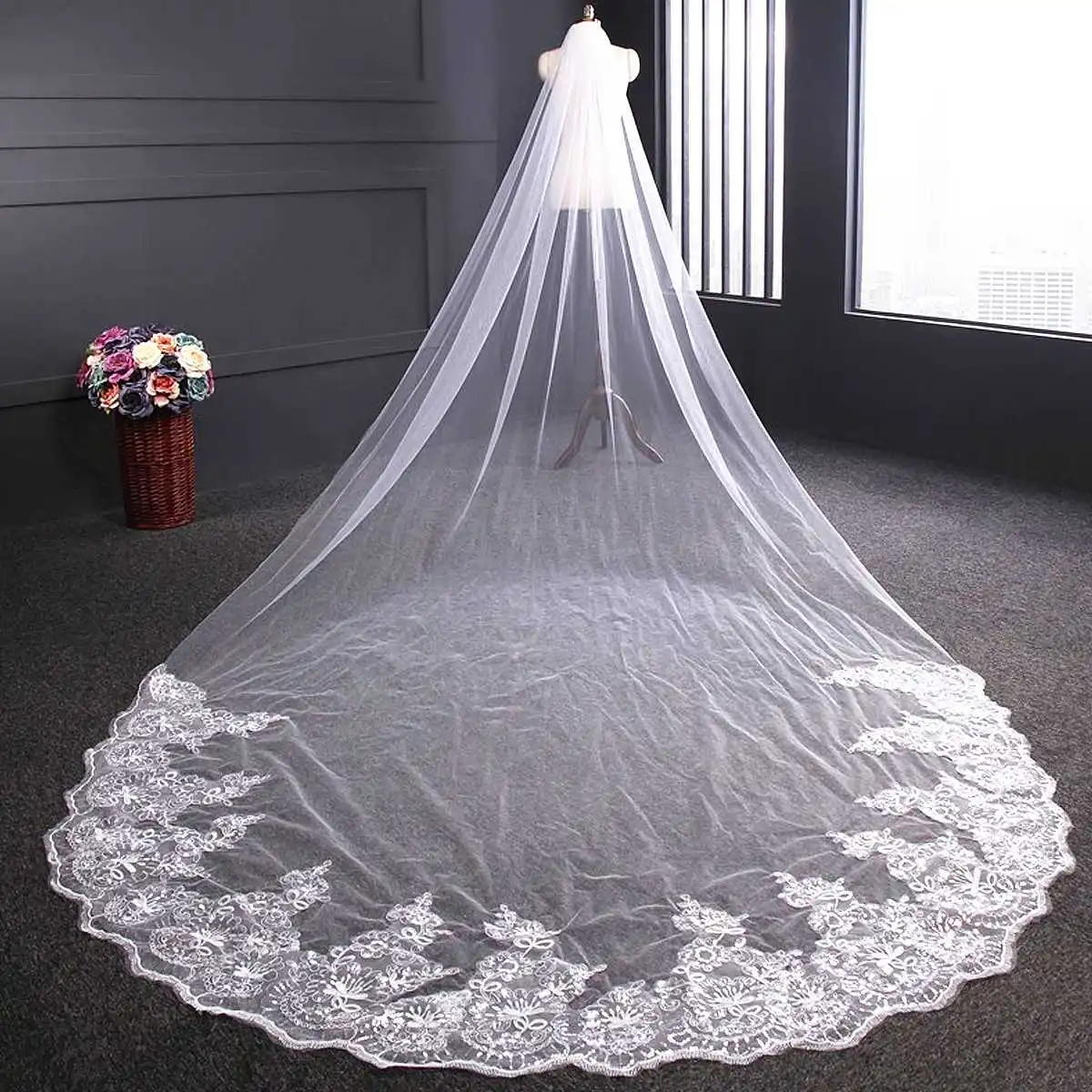 4M Bridal Veil Wedding 1 Layer Long Veil Beaded Sequins Lace White