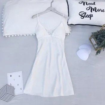 

SRXY Mini Satin Spaghetti Strap Nightdress Women Wedding Gift Silky Robe Kimono Gown Homewear Intimate Lingerie Casual Sleepwear