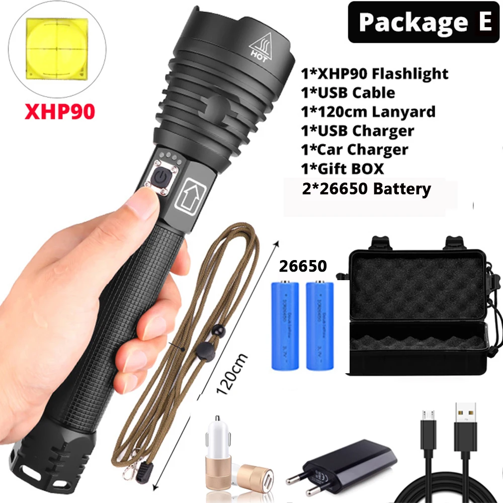 package E Самый мощный XHP90 светодиодный фонарик XLamp Zoom Torch XHP70.2 USB Перезаряжаемый тактический фонарь 18650 или 26650 Кемпинг Охота лампа - Испускаемый цвет: package E
