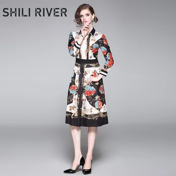 

New spring autumn midi shirt dress for women a line long sleeve slim cute vintage elegant floral print pleated dress with collar