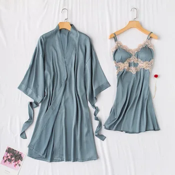 

Blue 2PCS Robe Suit Women Home Clothing Intimate Lingerie Casual Lounge Nightgown Sleepwear Lace Sexy Sleep Set Negligee