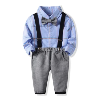 

New Baby Boys Clothes Gentleman Design Long Sleeve Plaid Shirt With Bowknot+Suspender Pant 3PCS Casual Suit