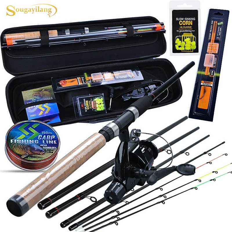 Sougayilang Carp Fishing Rod Combo 6 Sections Feeder Rod and Carp Reel with  Line Lure Hook Accessories Carrier Bag Full Kits