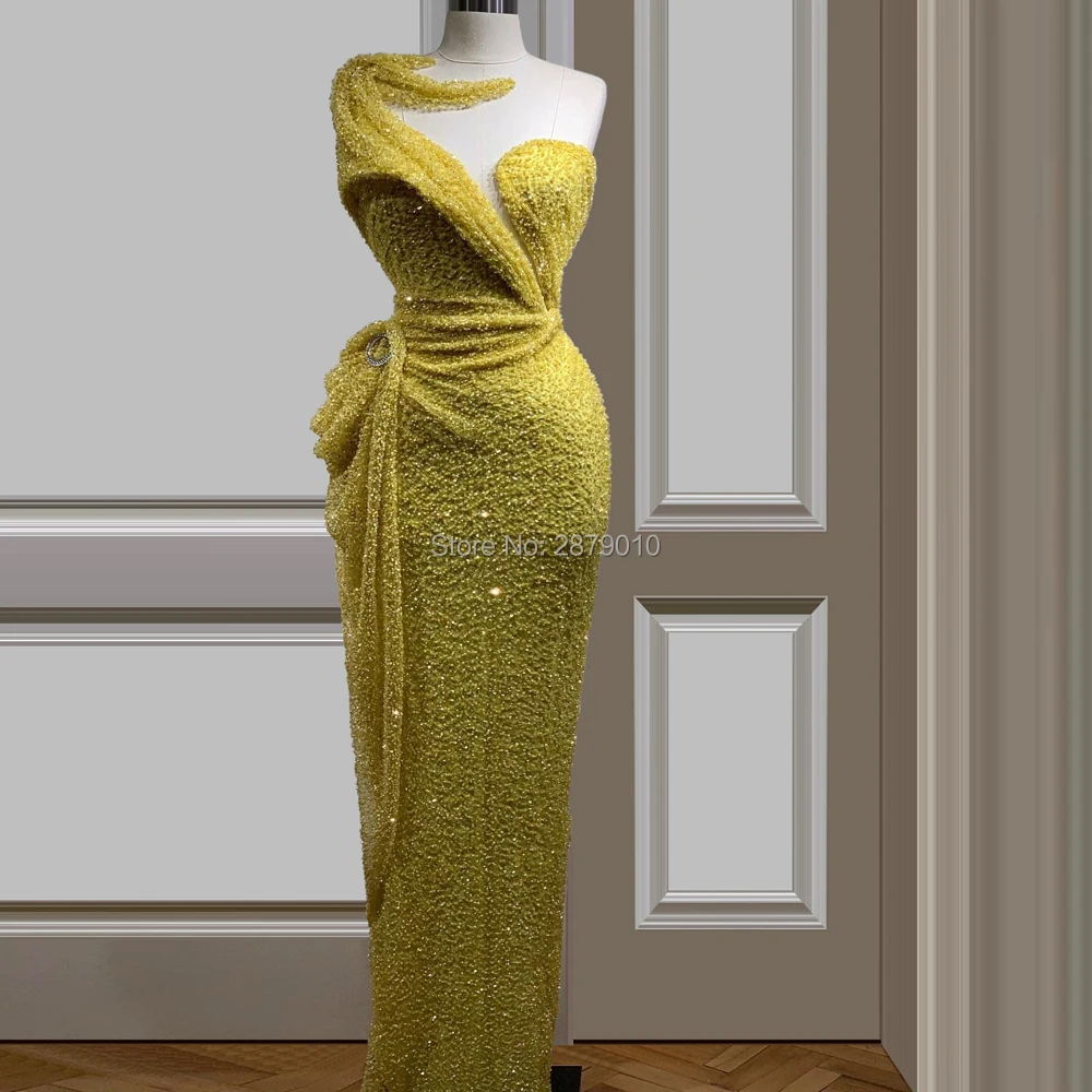 Luxury Yellow Evening Dress Sheath Floor-Length Beads Sequins Robe De Soiree Aibye Prom Middle East Dubai Saudi Arabia | Свадьбы и
