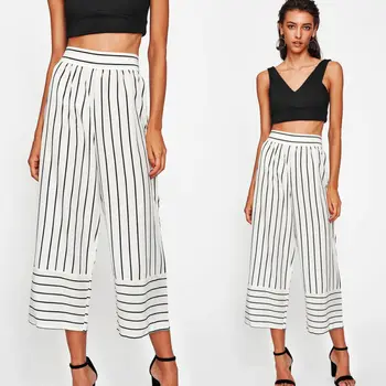 

Ladies Women's Wide Leg Pants High Elastic Waist Striped Ankle Length Fashion NEW Spring Summer Long Pants