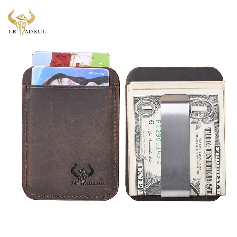 Hot Sale Original Unisex Crazy Horse Leather Design Fashion Gift Slim Wallet Front Pocket Money Clip Mini Bill Purse C059