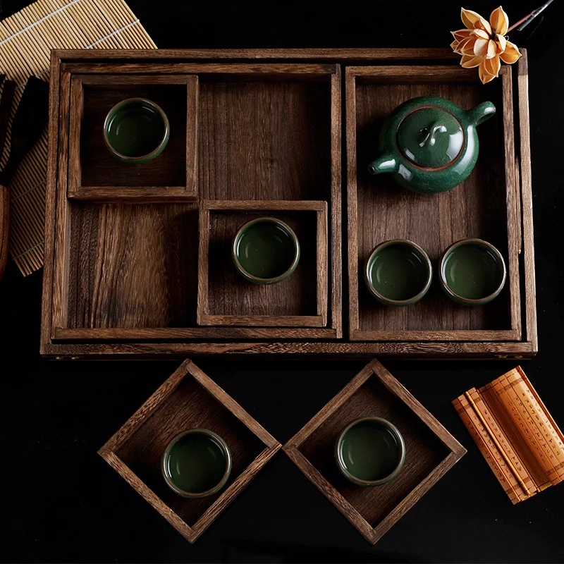 

Japan Style Tea Tray Wrap Angle Solid Wood Dry Fruit/Snack Burning Paulownia Storage Tray 7PCS/SET