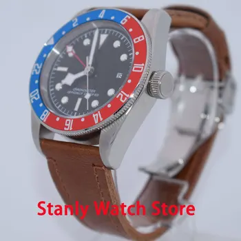 

Sapphire Corgeut 41mm Black No Logo Dial Luminous Marks Blue Red Bezel GMT Function Automatic Movement Men's Watch Leather Strap